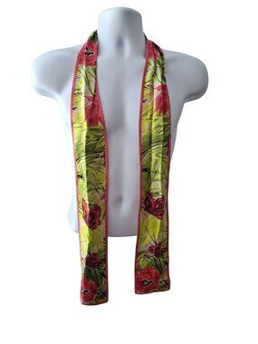Talbots Silk Skinny Scarf Pink Floral Butterfly Cottagecore French Chic 60x4